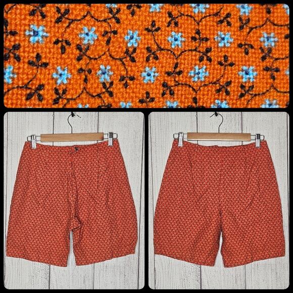 VTG Handmade High Rise Orange with Blue Flower Print Shorts, 27" waist - Picture 1 of 4